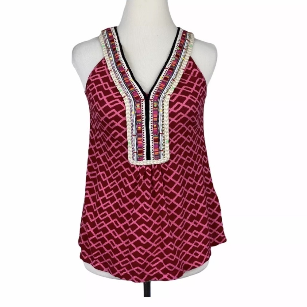 [S] Anthropologie Akemi + Kin Women top tribal v-neck tank top pink linen